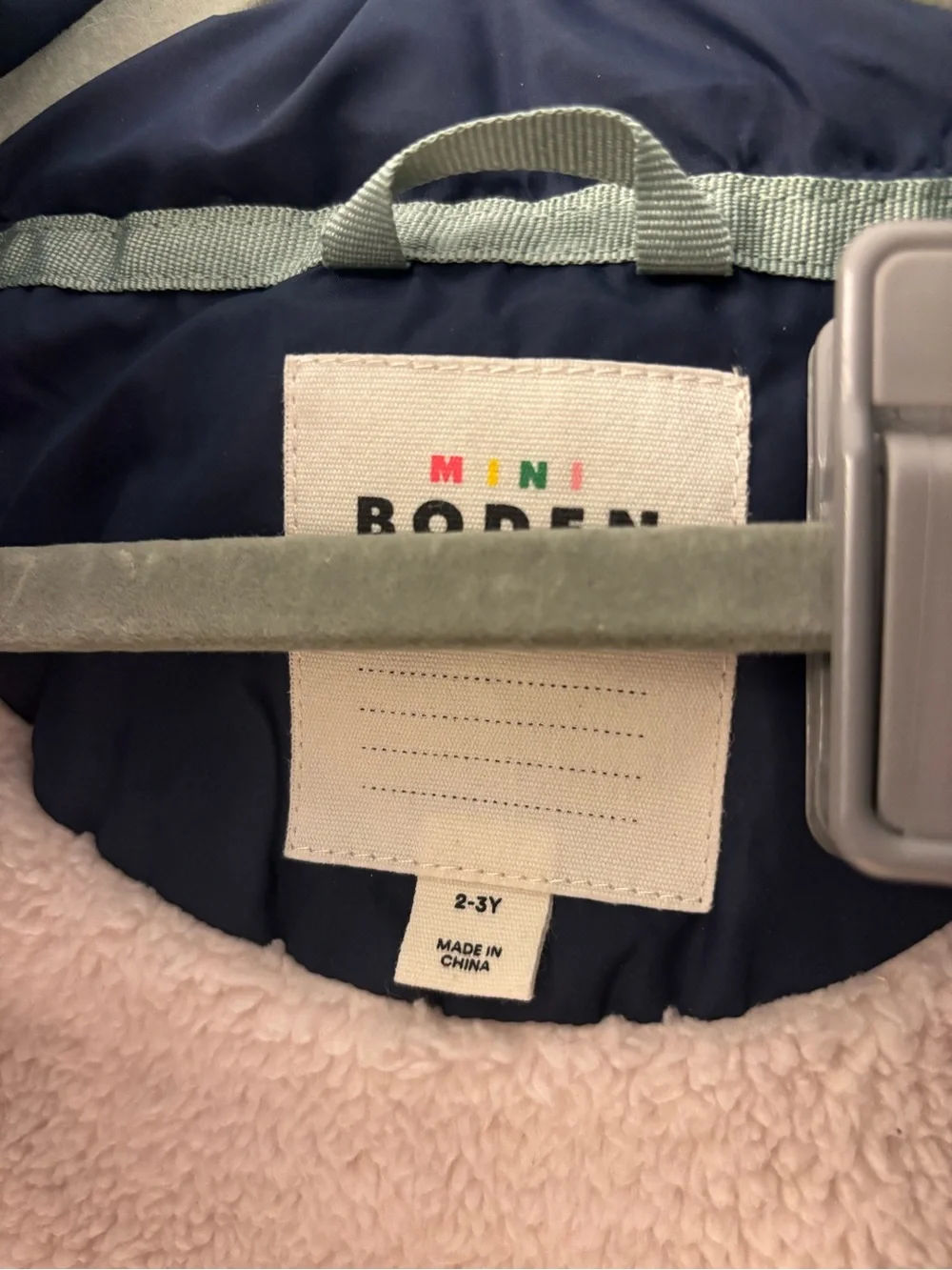 Mini Boden Navy Puffer Jacket with Sherpa Hood